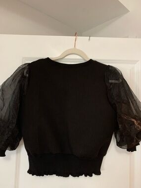 Women’s Black Puff-Sleeve Sweatshirt — Sheer Sleeve Top
